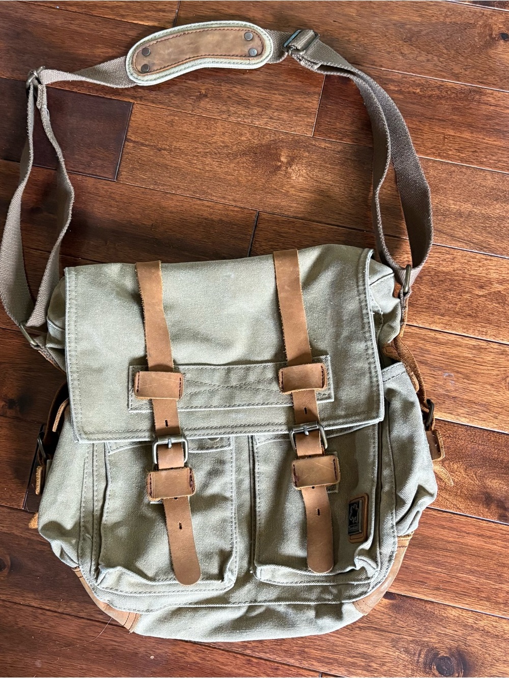 Sechunk Messenger Bag Khaki Canvas Brown Leather Trim Vintage Military Travel
